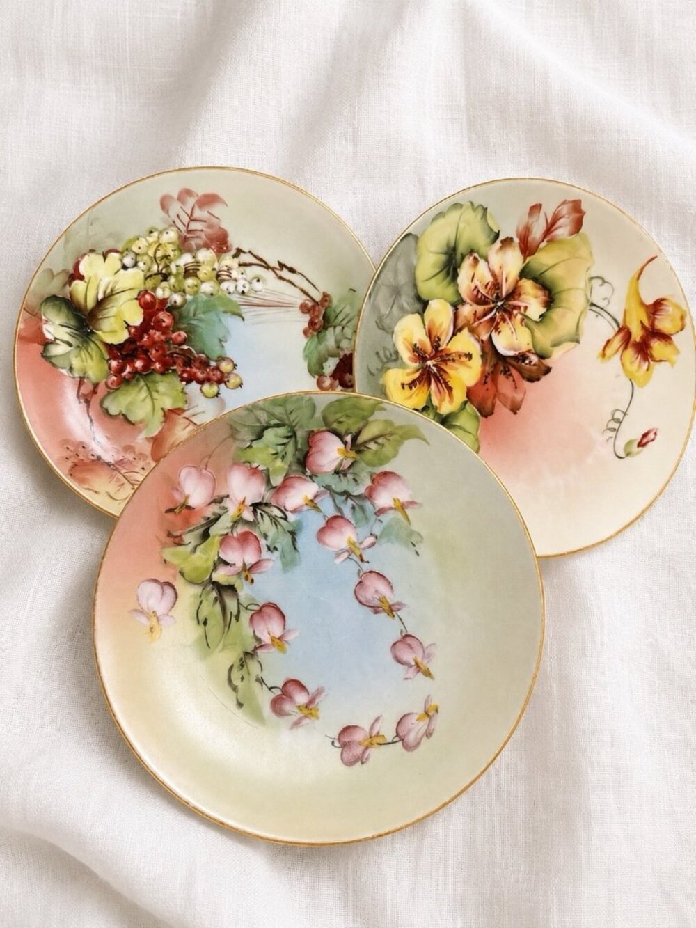 Vintage Bavaria Hand Painted Porcelain Plates Set of 3, 7.5”, Floral Gold Rim